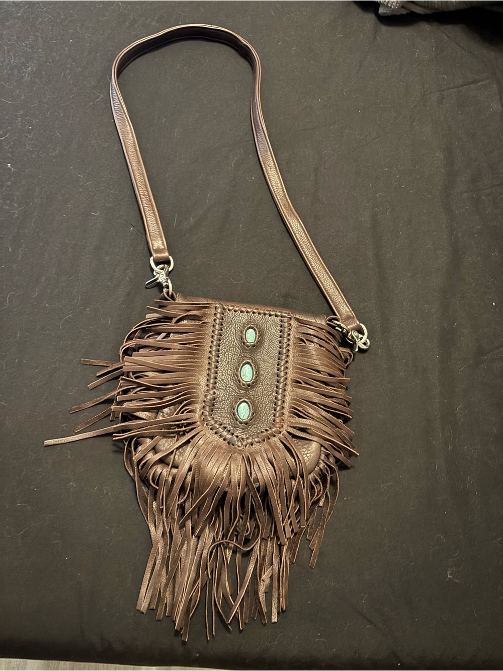 Tribe America Leather Fringed Crossbody Bag with Turquoise Accent - Brown
